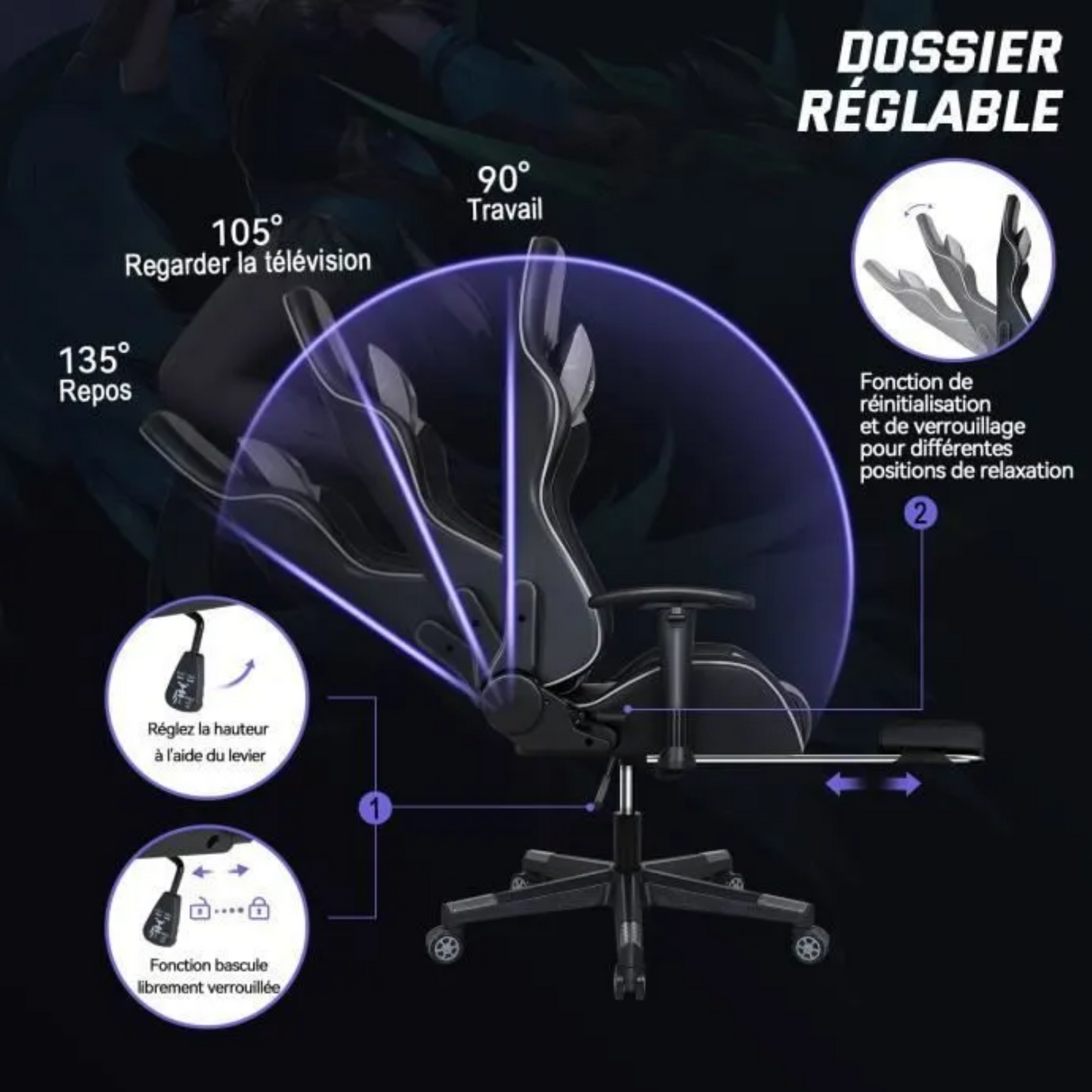 Chaise Gaming Fauteuil Gamer Chaise De Bureau Ergonomique avec Repose-pied Appui-tête Support Lombaire Massage Hauteur réglable Gris