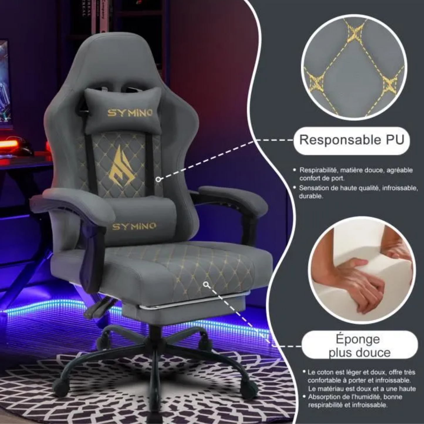 Symino Gaming Chair – Racing Chair Design, Chaise de jeu Ergonomique Avec Repose-pieds, Gris