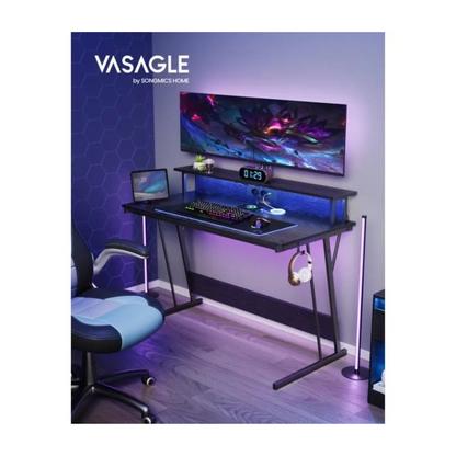 Bureau – VASAGLE – Noir boisé – Pour 2 ordinateurs – Avec rehausseur d’écran