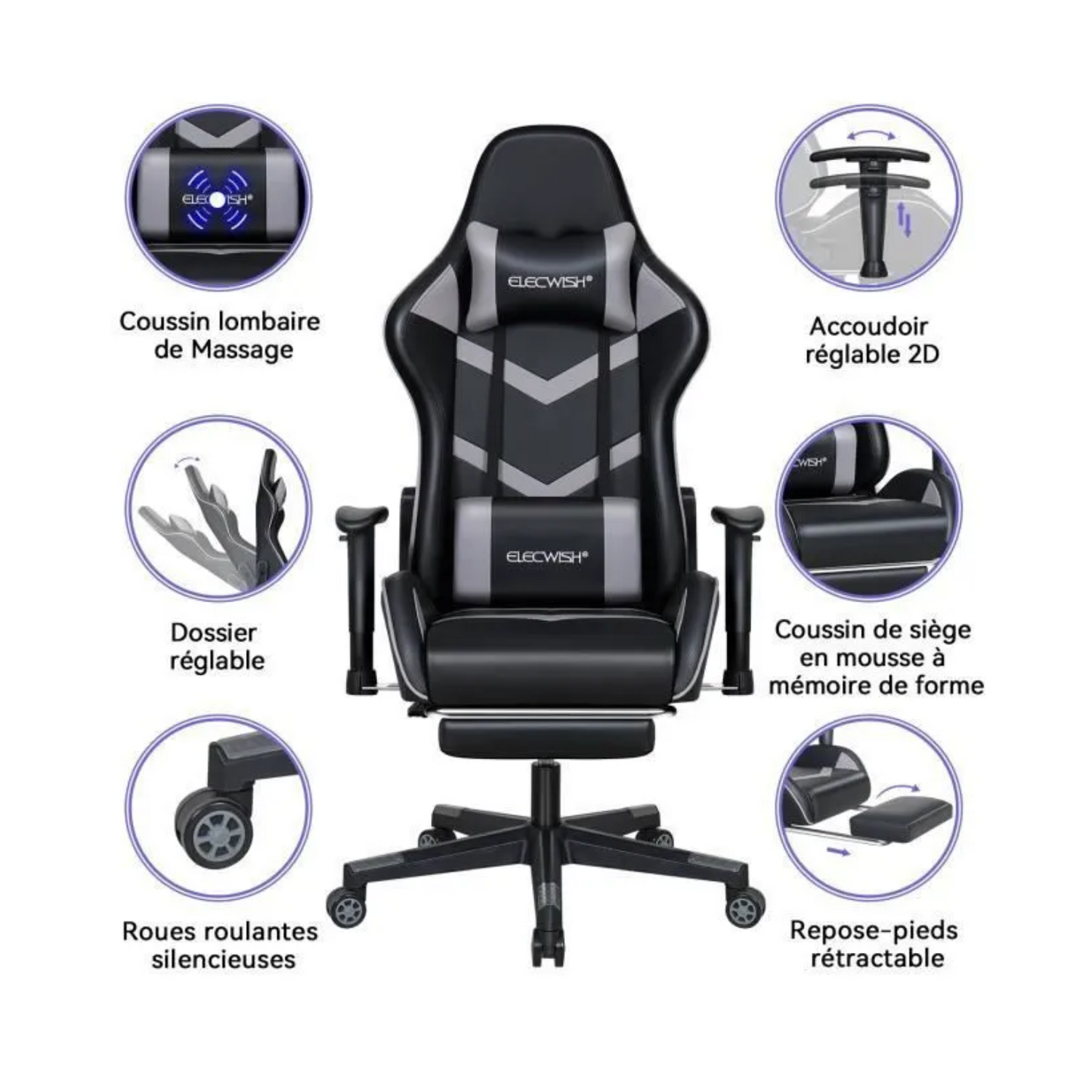 Chaise Gaming Fauteuil Gamer Chaise De Bureau Ergonomique avec Repose-pied Appui-tête Support Lombaire Massage Hauteur réglable Gris
