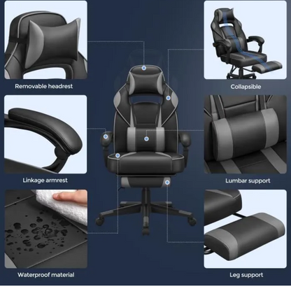 SONGMICS Chaise de Bureau, Siège de bureau réglable, Chaise gaming, Appui-tête, Support lombaire, 150kg, Noir et gris OBG073B03