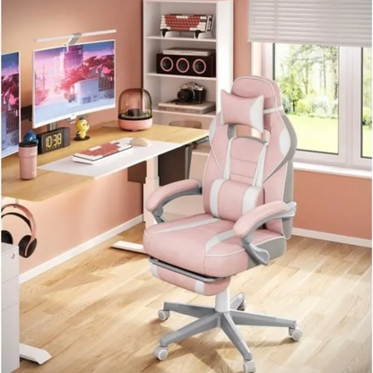 Fauteuil de Bureau – SONGMICS – Repose-pieds Télescopique – Mécanisme à Bascule – Rose Bonbon et Blanc Crème