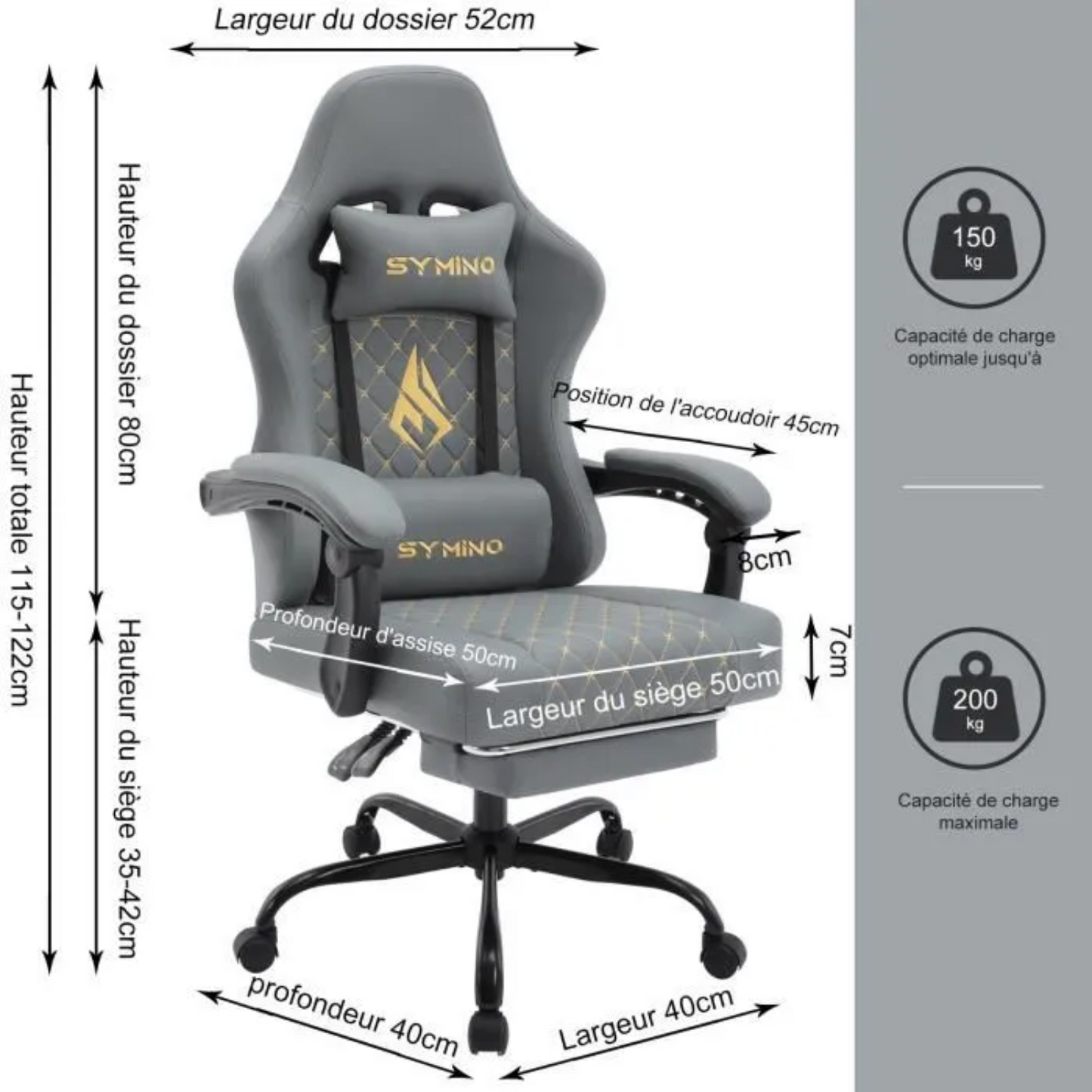 Symino Gaming Chair – Racing Chair Design, Chaise de jeu Ergonomique Avec Repose-pieds, Gris