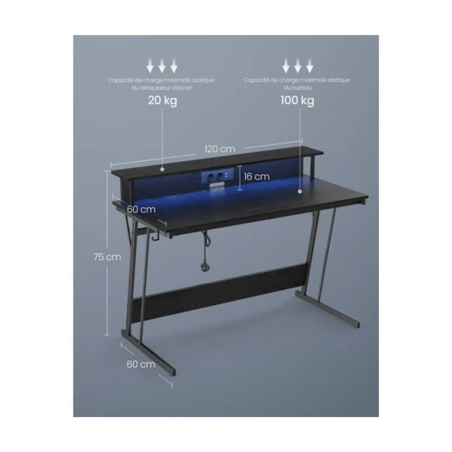 Bureau – VASAGLE – Noir boisé – Pour 2 ordinateurs – Avec rehausseur d’écran