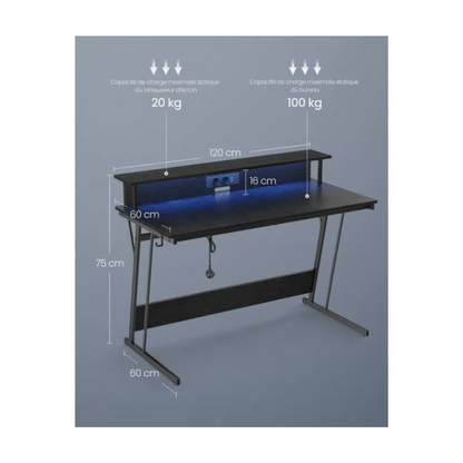 Bureau – VASAGLE – Noir boisé – Pour 2 ordinateurs – Avec rehausseur d’écran